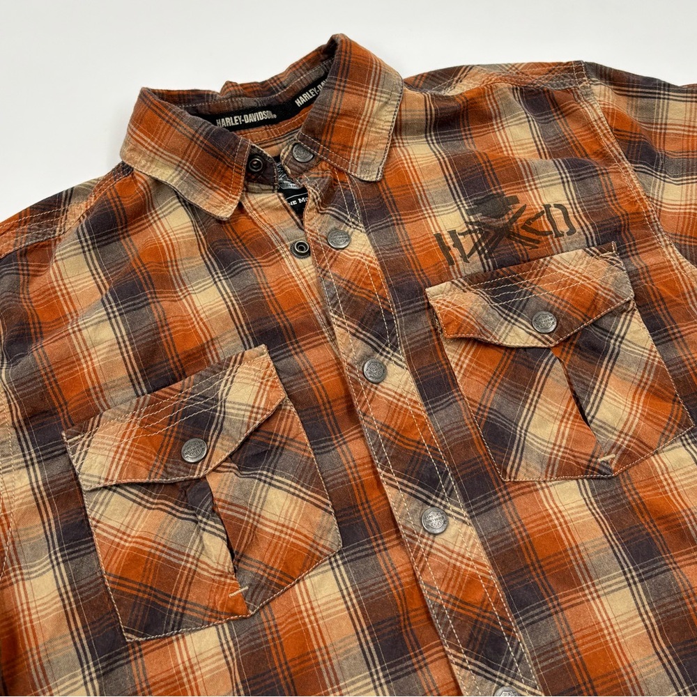 Harley-Davidson Men's M Cotton Orange Plaid Snap Button Down Short Sleeve Shirt